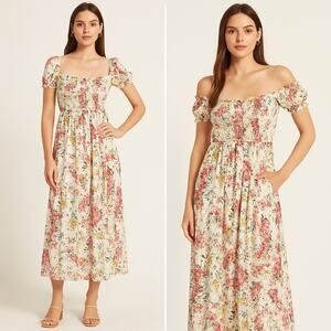 Lulus Size XS Always So Sweet Cream Floral Smocked Puff Sleeve Maxi Dress